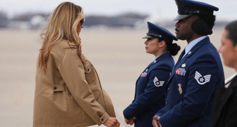 First lady Melania Trump, boards a plane at Joint Base Andrews, Md., en route to Camp Lejeune, Wednesday, Nov. 19, 2025. (AP Photo/Matt Rourke)