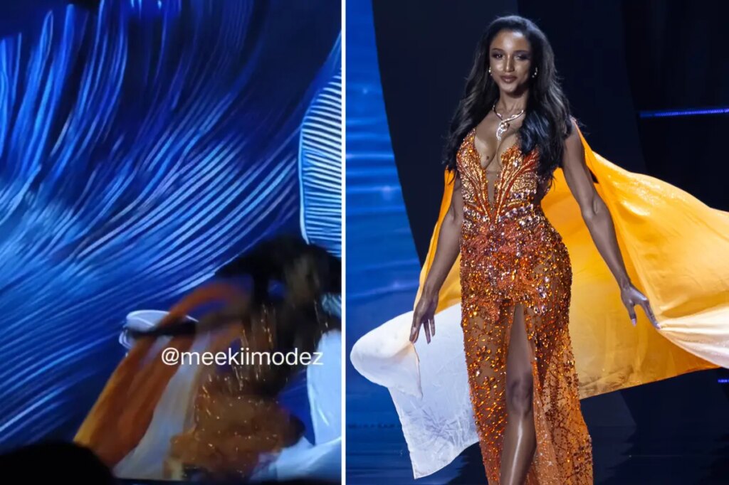 Miss Jamaica tumbles off stage and is carried away on stretcher during Miss Universe pageant