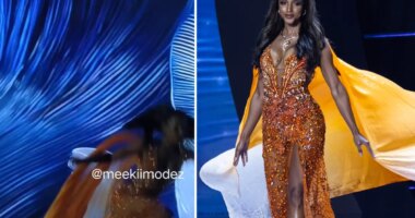 Miss Jamaica tumbles off stage and is carried away on stretcher during Miss Universe pageant
