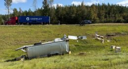 This photo provided by Scotty Ray Boyd shows an overturned truck which had been transporting several monkeys, Tuesday, Oct. 28, 2025, in Heidelberg, Miss. (Scotty Ray Boyd via AP)