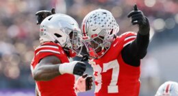Ohio State linebacker Arvell Reese, left, celebrates his sack against Penn State with teammate defensive lineman Kenyatta Jackson during the second half of an NCAA college football game, Saturday, Nov. 1, 2025, in Columbus, Ohio. (AP Photo/Jay LaPrete)