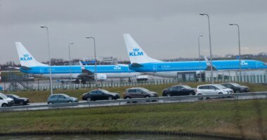 FILE - KLM airplanes sit in Schiphol Airport near Amsterdam, Netherlands, on Jan. 18, 2018. The Dutch government has systematically put the interests of the aviation sector above those of people who live near Schiphol Airport, one of Europe