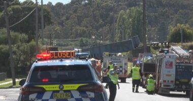 Police on scene at a bridge collapse in Lithgow after it was struck by a truck.
