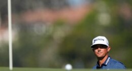 Max McGreevy views his ball on the first green during the final round of the RSM Classic golf tournament, Sunday, Nov. 23, 2025, in St. Simons Island, Ga. (AP Photo/Mike Stewart)