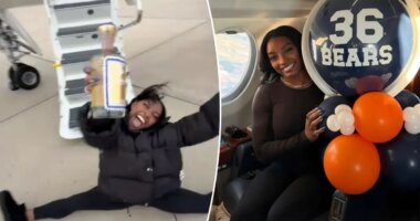 Simone Biles does split with a bottle of tequila after private jet trip for Bears' Black Friday game