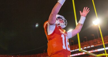 Texas quarterback Arch Manning (16) celebrated a touchdown against Texas A&M during the second half of an NCAA college football game Friday, Nov. 28, 2025, in Austin, Texas. (AP Photo/Stephen Spillman)