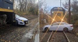 Train pushes car quarter-mile on tracks as 82-year-old driver suffers minor injuries