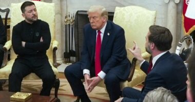 Vice President JD Vance, right, speaks with Ukrainian President Volodymyr Zelenskyy, left, as President Donald Trump listens in the Oval Office at the White House on February 28. 2025.