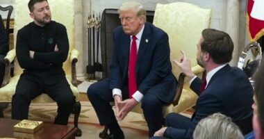 Vice President JD Vance, right, speaks with Ukrainian President Volodymyr Zelenskyy, left, as President Donald Trump listens in the Oval Office at the White House on February 28. 2025.