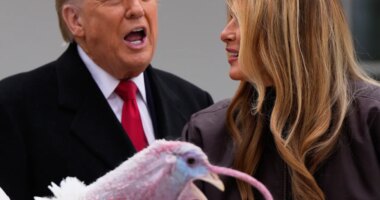 President Donald Trump and first lady Melania Trump, stand next to national Thanksgiving turkey Gobble during a pardoning ceremony in the Rose Garden of the White House, Tuesday, Nov. 25, 2025, in Washington. (AP Photo/Julia Demaree Nikhinson)