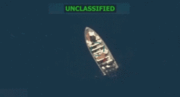 Gif of a boat being blown up, as announced by Secretary of War Pete Hegseth