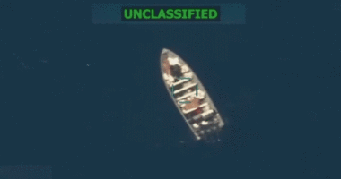 Gif of a boat being blown up, as announced by Secretary of War Pete Hegseth