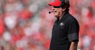 Georgia head coach Kirby Smart reacts during the first half of an NCAA college football game against Charlotte, Saturday, Nov. 22, 2025, in Athens, Ga. (AP Photo/Colin Hubbard)