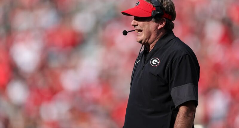 Georgia head coach Kirby Smart reacts during the first half of an NCAA college football game against Charlotte, Saturday, Nov. 22, 2025, in Athens, Ga. (AP Photo/Colin Hubbard)
