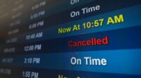 A flight is listed as cancelled on a display at San Diego International Airport Saturday, Nov. 8, 2025, in San Diego. (AP Photo/Gregory Bull)
