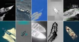 This grid of images shows 10 strikes carried out by the US military against boats alleged to be transporting drugs in international waters, from September 2 to October 29.