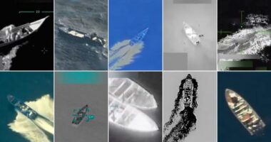 This grid of images shows 10 strikes carried out by the US military against boats alleged to be transporting drugs in international waters, from September 2 to October 29.