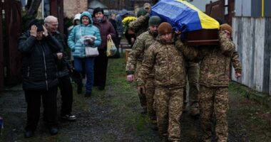 An honor guard carries the coffin of Ruslan Zhygunov, a Ukrainian serviceman, who was killed at the frontline near Rusyn Yar village, during his funeral ceremony in Hostomel, Ukraine. Ukraine's allies pushed back against Donald Trump's proposed peace plan, saying it favoured Russia.