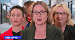 Victorian Premier Jacinta Allan speaking at Parkville Station today.