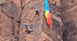 Heart-stopping video shows moment BASE jumper is rescued on Utah canyon face