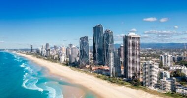 Aerial view of the stunning Gold Coast skyline on a sunny day, Queensland, Australia