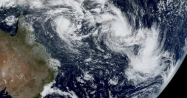 FILE - In this satellite image provided by CSU/CIRA & NOAA taken 1:10 GMT on Feb. 25, 2025, shows three cyclones, from left, Alfred, Seru and Rae east of Australia in the South Pacific. (CSU/CIRA & NOAA via AP, File)