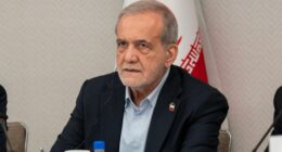 Masoud Pezeshkian, the President of Iran, takes questions from the media at a press briefing in New York, Friday, Sept. 26, 2025.