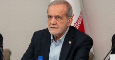 Masoud Pezeshkian, the President of Iran, takes questions from the media at a press briefing in New York, Friday, Sept. 26, 2025.