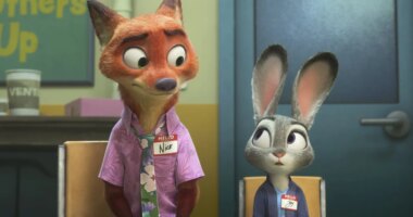 This image released by Disney shows Nick Wilde, voiced by Jason Bateman, left, and Judy Hopps, voiced by Ginnifer Goodwin, in a scene from