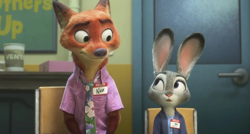 This image released by Disney shows Nick Wilde, voiced by Jason Bateman, left, and Judy Hopps, voiced by Ginnifer Goodwin, in a scene from
