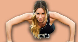 Young beautiful woman doing pushups in the gym. Girl wearing sportwears clothes.