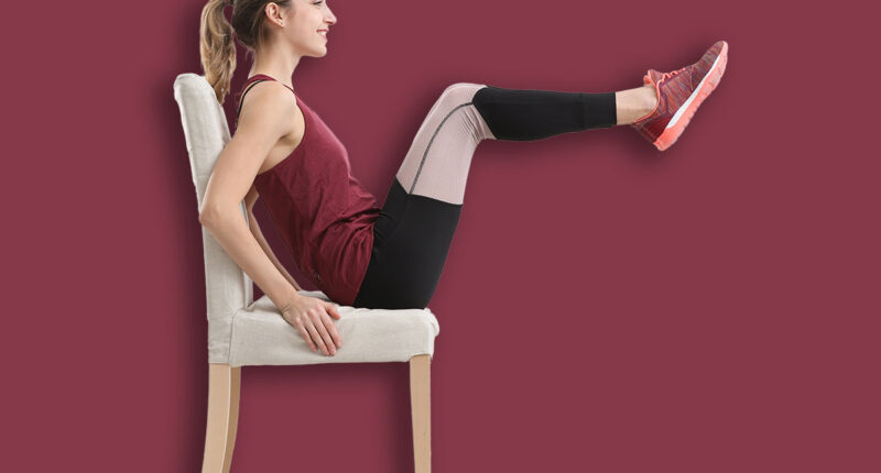 Young woman exercising with chair indoors. Home fitness