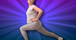 Legs stretching. Sporty senior lady doing lunges at home, empty space