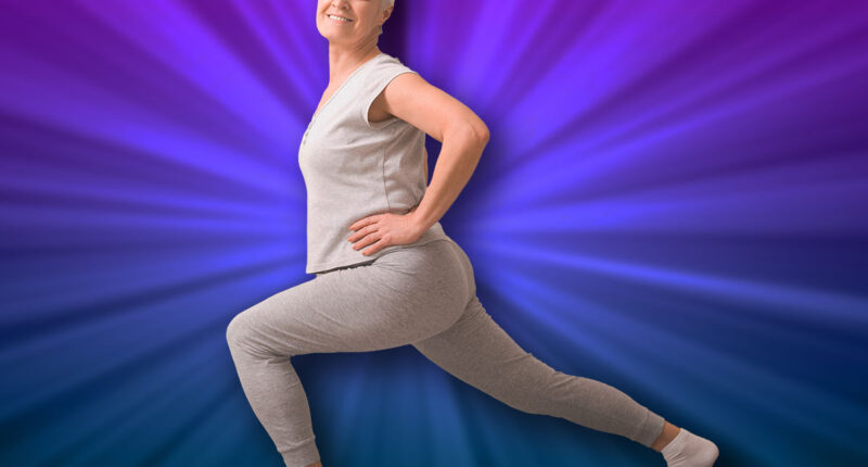 Legs stretching. Sporty senior lady doing lunges at home, empty space