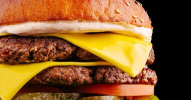 A mouthwatering burger features two juicy beef patties layered with cheddar cheese, fresh lettuce, sliced tomatoes, pickles, and creamy sauce, all in a toasted sesame seed bun.