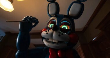 This image released by Universal Pictures shows Toy Bonnie, voiced by Matthew Patrick, in a scene from "Five Nights at Freddy