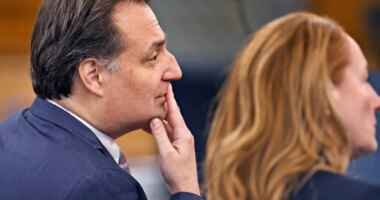 Brian Walshe looks at the jury while seated with his attorney Kelli Porges in Norfolk Superior Court on Monday, Dec. 15, 2025 in Dedham, Mass. (Greg Derr/The Patriot Ledger via AP, Pool)
