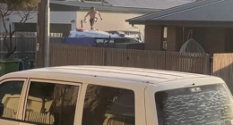 The man was seen leaping from the top of the police car onto the footpath as he fled the scene.