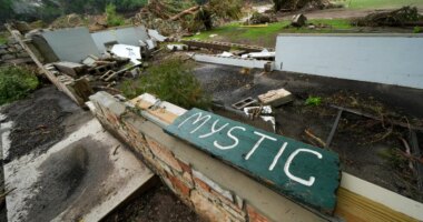 FILE - A Camp Mystic sign is seen near the entrance to the establishment along the banks of the Guadalupe River in Hunt, Texas, July 5, 2025, after a flash flood swept through the area. (AP Photo/Julio Cortez, File)