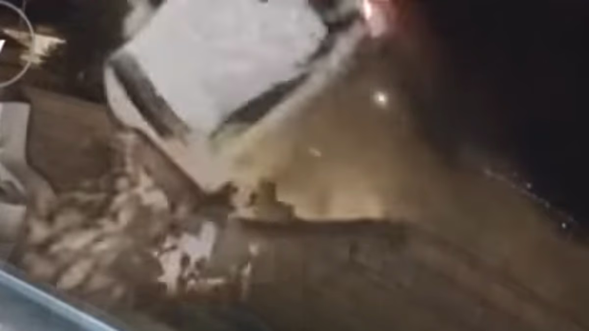 Car crashes through the air sending its driver into swimming pool