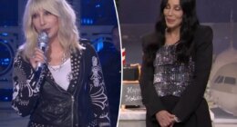 Cher goes  rock ‘n’ roll in leather jacket and blond wig for holiday performance on ‘Saturday Night live’