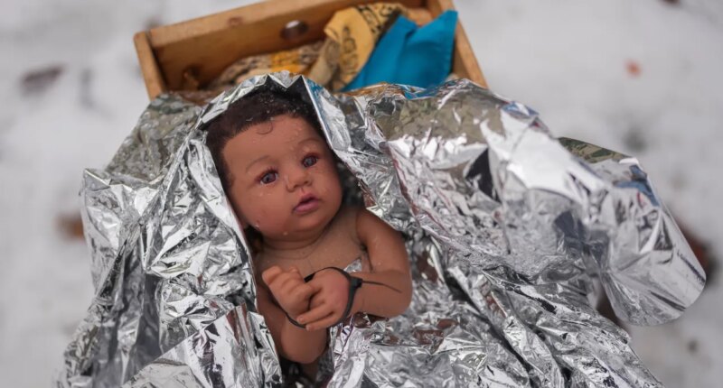 A doll representing the baby Jesus is zip-tied in the Nativity scene outside of Lake Street Church of Evanston, Wednesday, Dec. 10, 2025, in Evanston, Ill. (AP Photo/Erin Hooley)