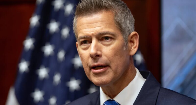 FILE - Transportation Secretary Sean Duffy speaks during a news conference at the Department of Transportation in Washington, Dec. 12, 2025. (AP Photo/Mark Schiefelbein, File)
