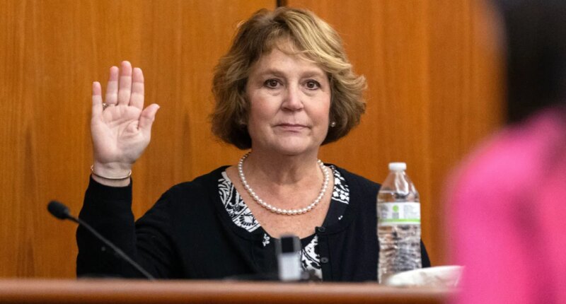 FILE- Colleton County Clerk of Court Rebecca Hill is sworn in before taking the stand to testify during the Alex Murdaugh jury-tampering hearing at the Richland County Judicial Center, Monday, Jan. 29, 2024, in Columbia, S.C. Hill, under investigation amid allegations of tampering with the jury in the Alex Murdaugh trial, announced her resignation on Monday, March 25, 2024. (Andrew J. Whitaker/The Post And Courier via AP, Pool, File)