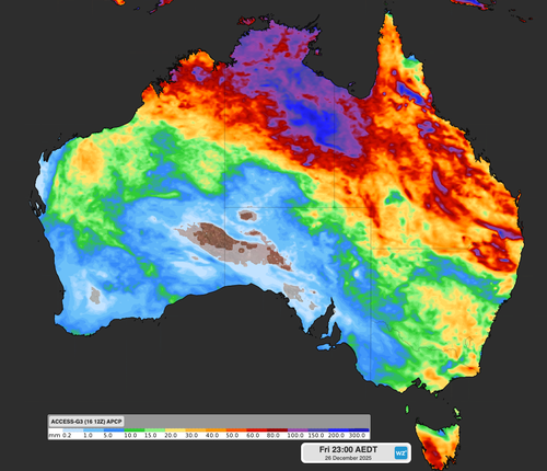 Forecast accumulated rain during the 10 days ending at 11pm AEDT on December 26, 2025, according to the ECMWF model.