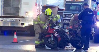 Police are searching for a motorcyclist who fled the scene of a fiery explosion in Adelaide that was caught on CCTV.