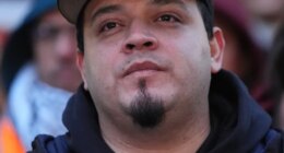 Kilmar Abrego Garcia listens during a rally ahead of a mandatory check at the Immigration and Customs Enforcement office in Baltimore, Friday, Dec. 12, 2025, after he was released from detention on Thursday under a judge