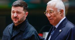 European Council President Antonio Costa, right, walks with Ukraine's President Volodymyr Zelenskyy