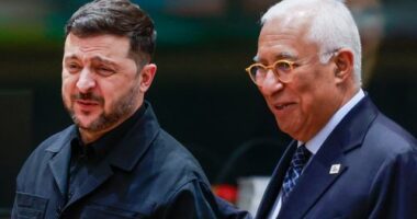 European Council President Antonio Costa, right, walks with Ukraine's President Volodymyr Zelenskyy