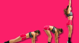 Movement sequence of a latin sporty woman showing how to do a burpee during cross-training exercises